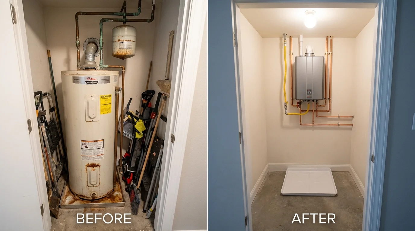 Tank water heater versus wall-mounted tankless unit comparison for Oregon, WI homeowners