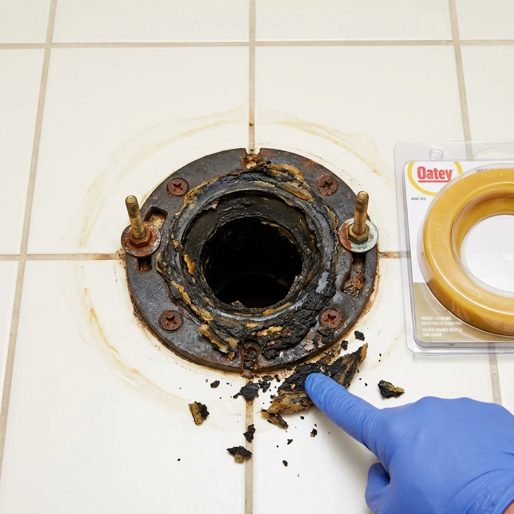 Failed wax ring showing water seepage at the base of a toilet in a Oregon, WI home