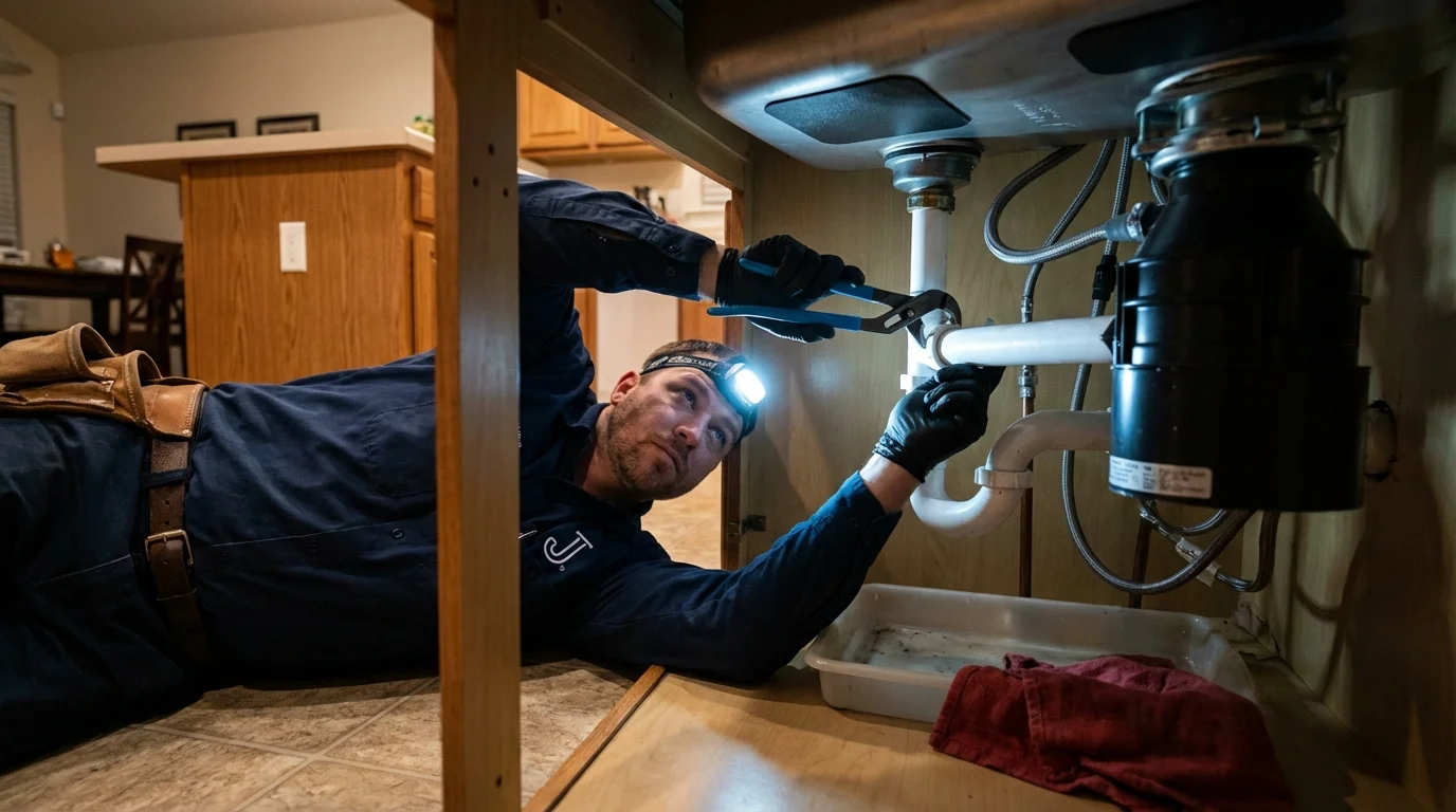 P-trap and supply line connections under a kitchen sink showing a common leak point in Oregon, WI